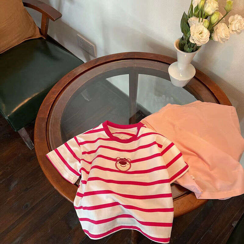 Girls' Summer T-Shirt, Short Sleeved Strawberry Bear Cartoon Embroidered Top, Children's Fashionable Loose Fitting Clothes