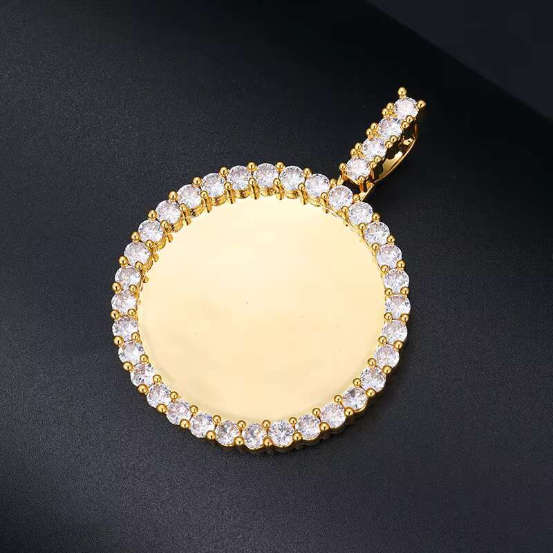 Memorial Picture Necklace Jewelry 42mm Real Gold Plated Brass AAAAA CZ Diamond Round Custom Photo Pendant With Chain