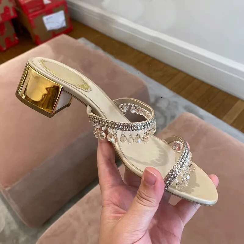 High Quality Shoes Rhinestone Slippers Thin Strap Block Heel Sandals Sexy Open Highheel Fashion Designer Women Shoe