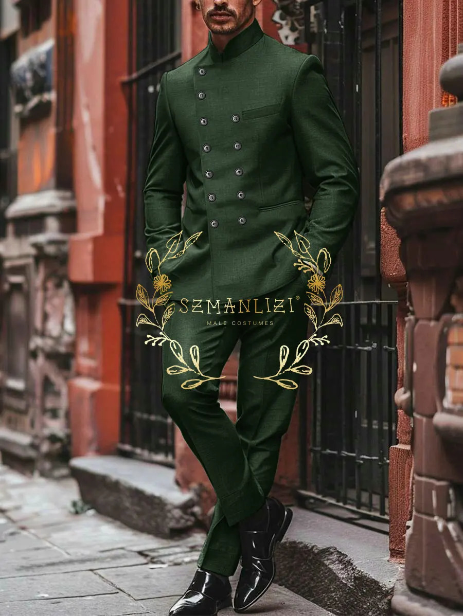 Light Grey Mens Ball Set Double Chest Stand up Collar Slimming Wedding Dress Fashionable 2piece Jacket Pants 250428