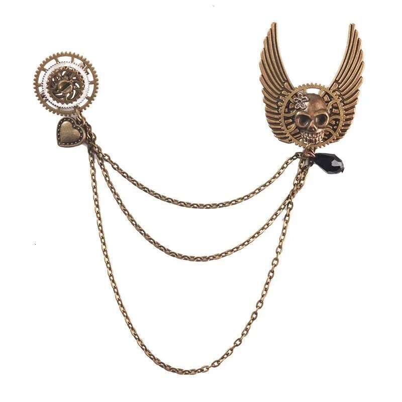 Retro Steampunk Wing Brooches Gear Skull Tassel Chain Lapel Pins Men Shirt Suit Badge Jewelry Accessories