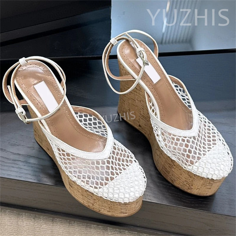 Summer Breathable Mesh Wedge Heels Platform Sandals Women Thick Sole Super High Heels Rome Sandals Sexy Dress Party Pumps Mujer 250428