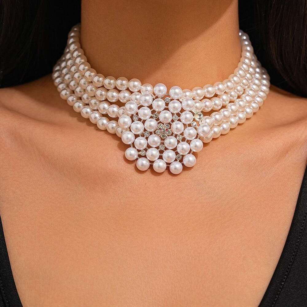 Ingemark 2Pcs Elegant Multilayer Imitation Pearl Chain Necklace Bracelet Women Wed Bridal Flower Choker Aesthetic Jewelry Set
