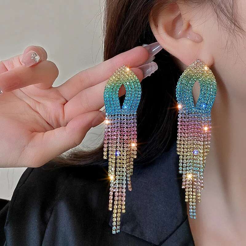 Shiny Rainbow Color Crystal For Women Long Tassel Pink Rhinestone Dangle Earrings Ladies Bride Weddings Jewelry