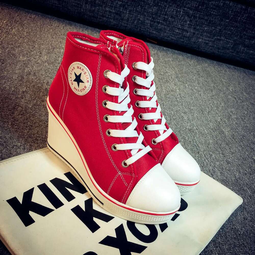 Spring and autumn new thick-sole wedge high-top lace-up canvas casual heightening large-size high-heeled women's shoes