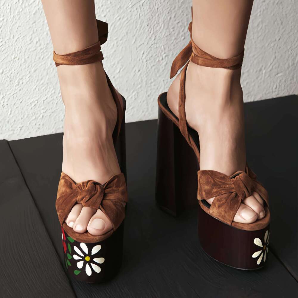 Vintage Leopard Print Platform Sexy Round Open Toe Square Heel Women's Shoes Spring Summer Lace-up Suede Modern Sandals
