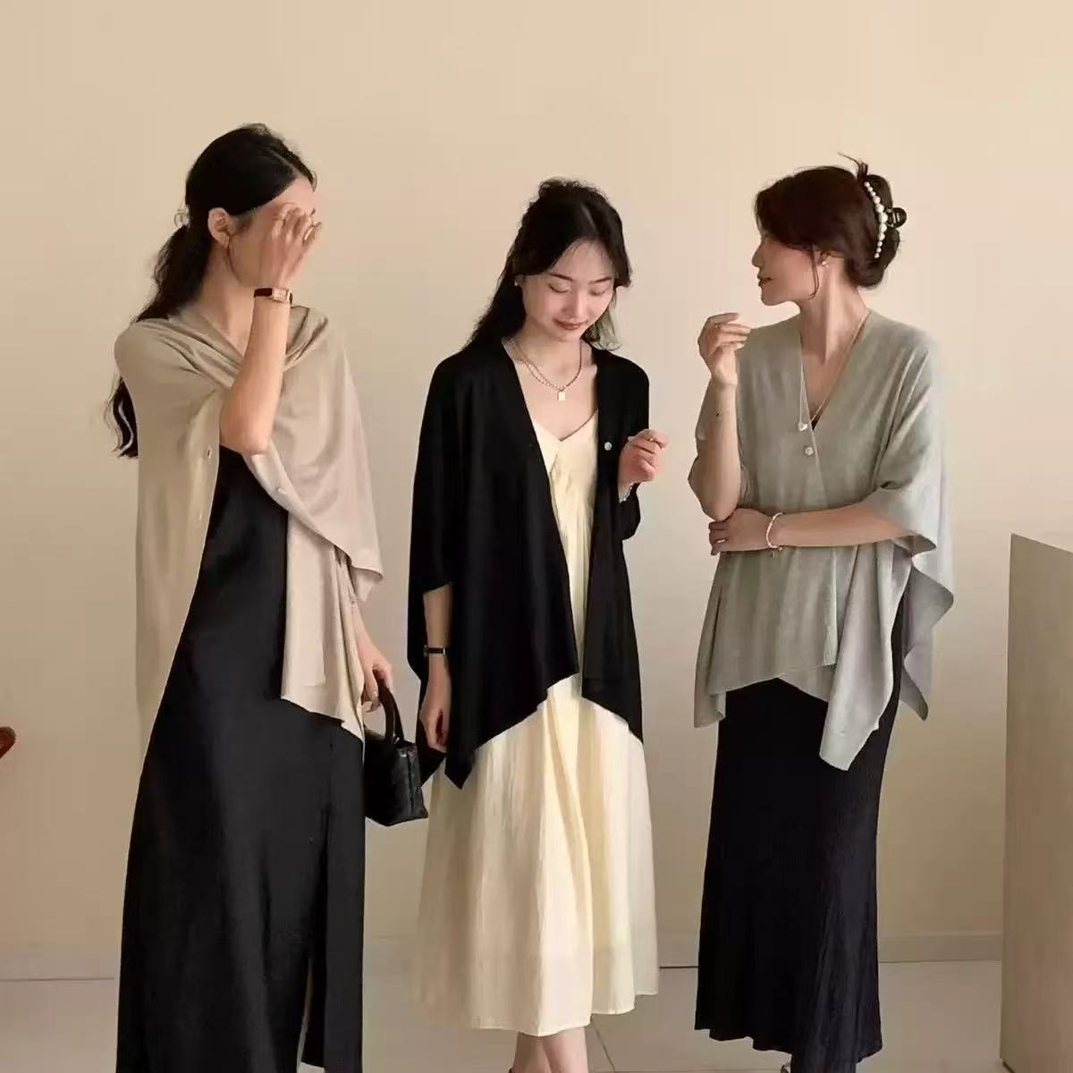 K587 Sunscreen thin knitted shawl color loose button versatile super fairy office medium and long advanced air conditioning outer wear