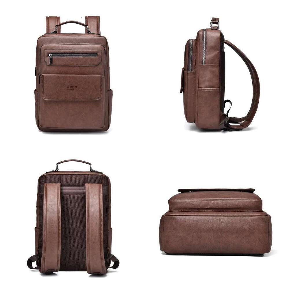 JEEP BULUO New Backpack Men School Bags Brand 15.6 Inches Laptop Backpacks High Quality Leather Waterproof Brown Fashion Urban