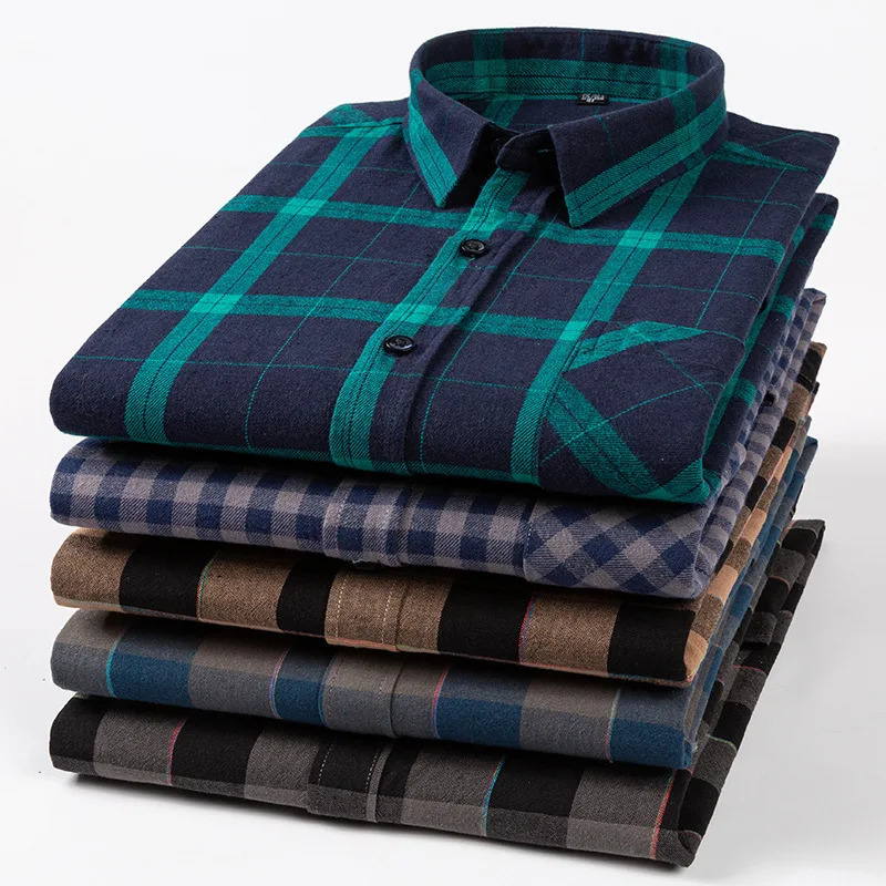 6XL mens long sleeved 100 pure cotton plaid autumn and winter wool largesized highquality slim casual clothing fashionable 250427