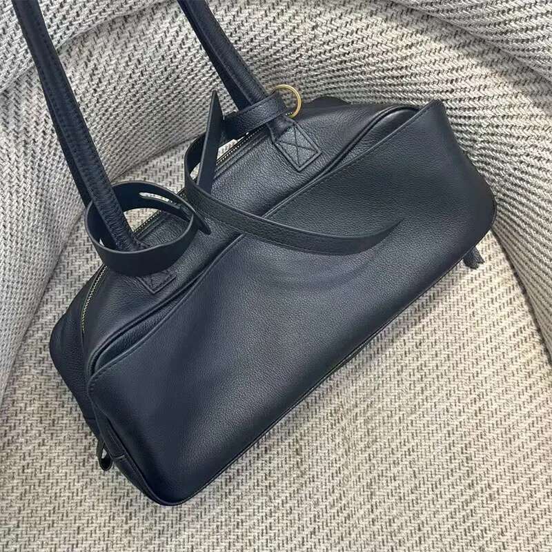 Cowhide French Motorcycle 2025 New Fashion Bowling Bag Vintage Design Casual Underarm Shoulder Purse Tote Handbag Women