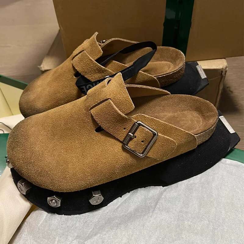 New Rivet Metal Low Woman Cover Toe Big Size Slides Heeled Mules Platform Shoes Rome Sandals Casual Slippers