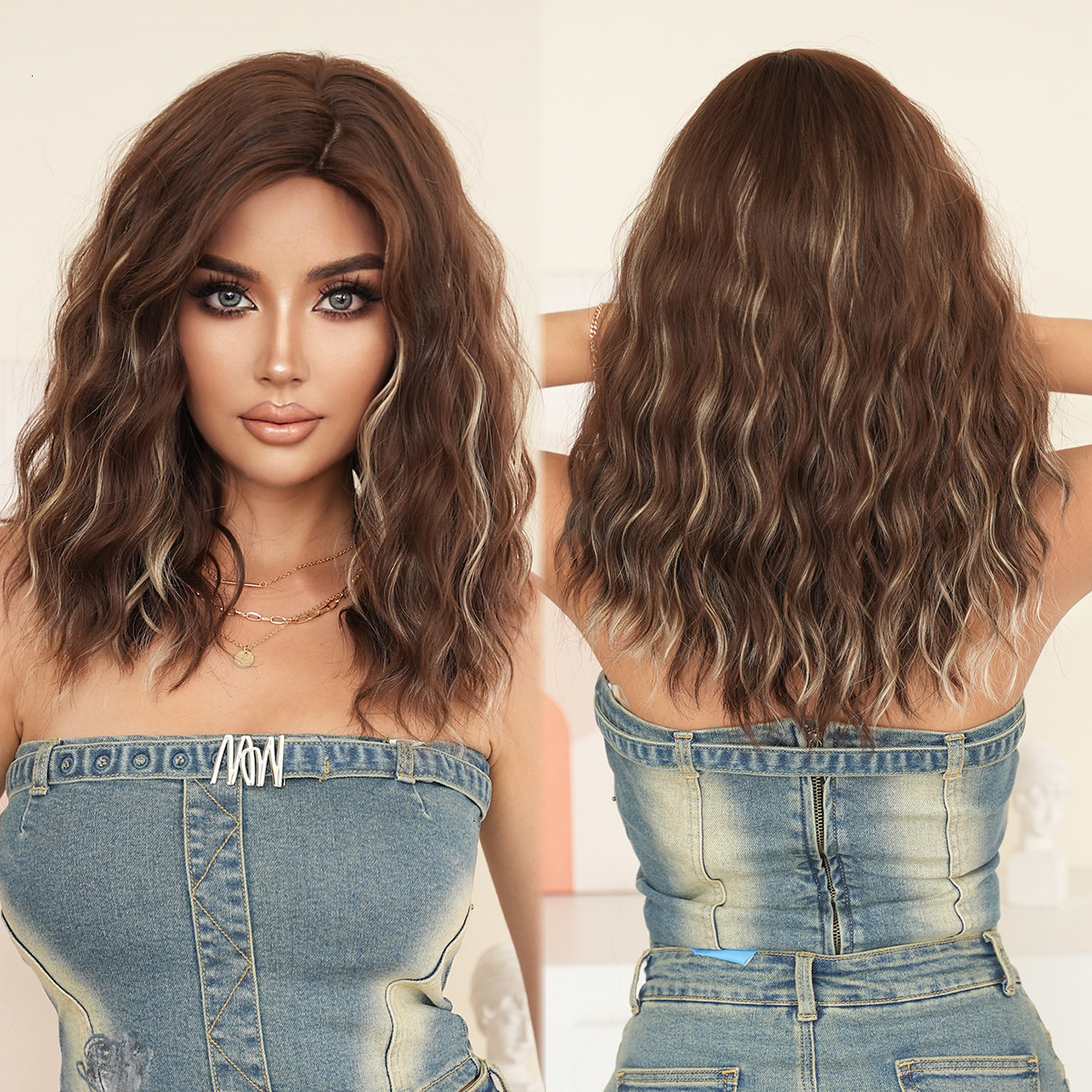 brown Natural wig for women shoulder length curly hair with side parted bangs dyed gold synthetic heat-resistant fiber wig