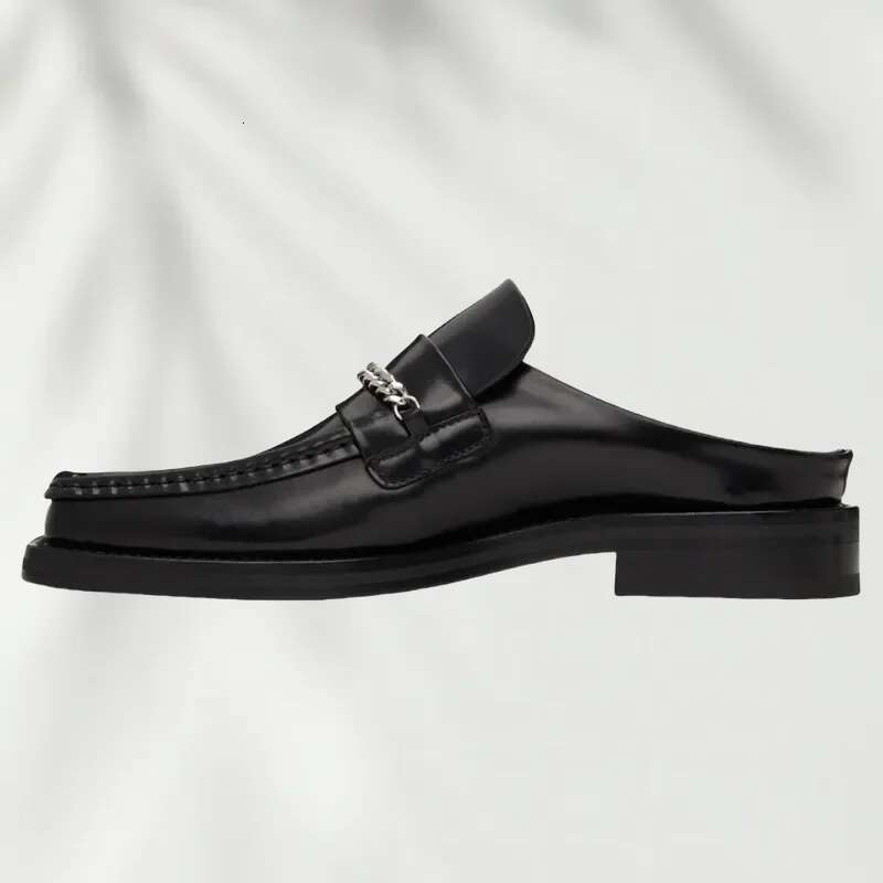 Square Toe Casual Flat Half Slippers Glossy Leather Metal Button Chain Men Man Shoes Slip-on Summer Comfortable Loafers