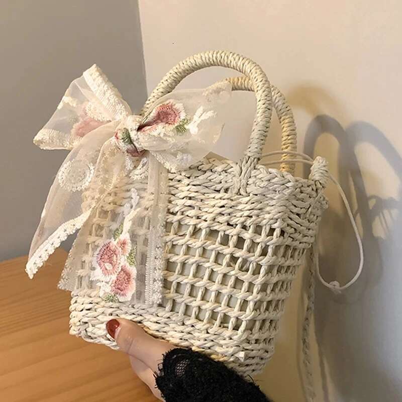 Floral Embroidery Bow Decor Straw Woven Hollow Shoulder Bucket Holiday Beach Summer Crossbody Bag Handbag