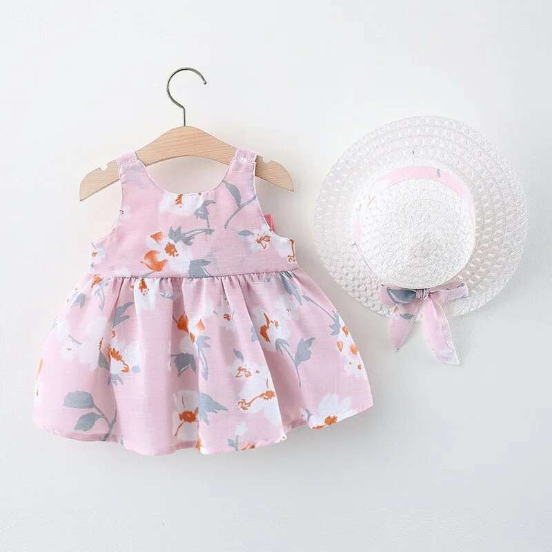 Summer 2/Piece Set Of Baby Girl Hat Girl's Big Bow Casual Cotton Print Cute Round Neck Sleeveless Dress