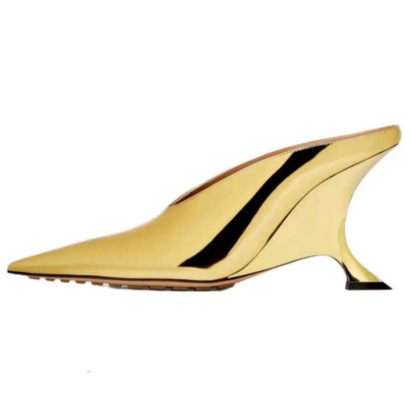 New Fashion Pointed Toe Mules Large Size Women Slippers Gold High Heels Wedge Heel Slip-on Sandals Closed toe Casual Shoes