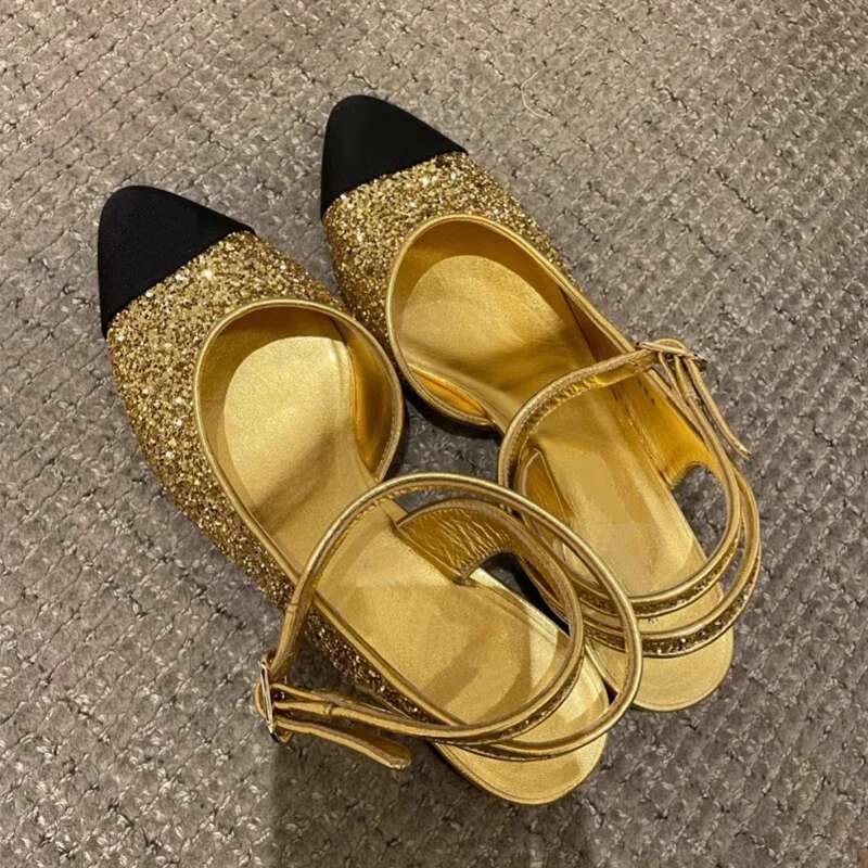 New colorblocking Sequined Sandals Sexy Low Heel Sandalias Delas Mujeres Women Pointed Toe High Heels Party Wedding Shoes Ladies
