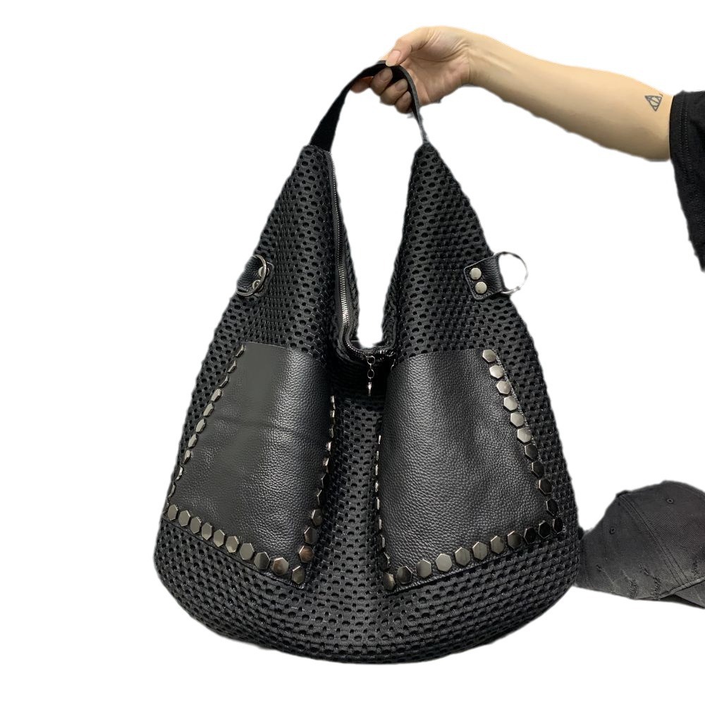 Retro mesh handbag, large capacity shoulder bag, punk style rivet