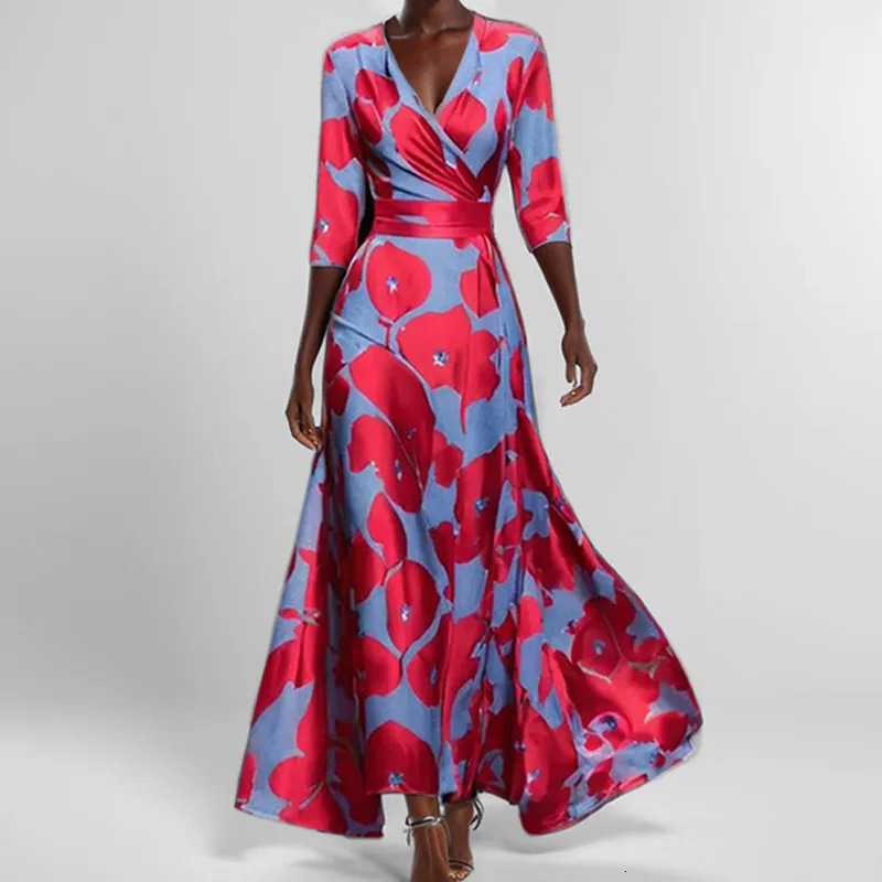 Womens Spring Summer V Neck Belted Long Dress Boho Maxi with Short Sleeves And Pocket Sexy Print Fashion Holiday Party Dress 250428