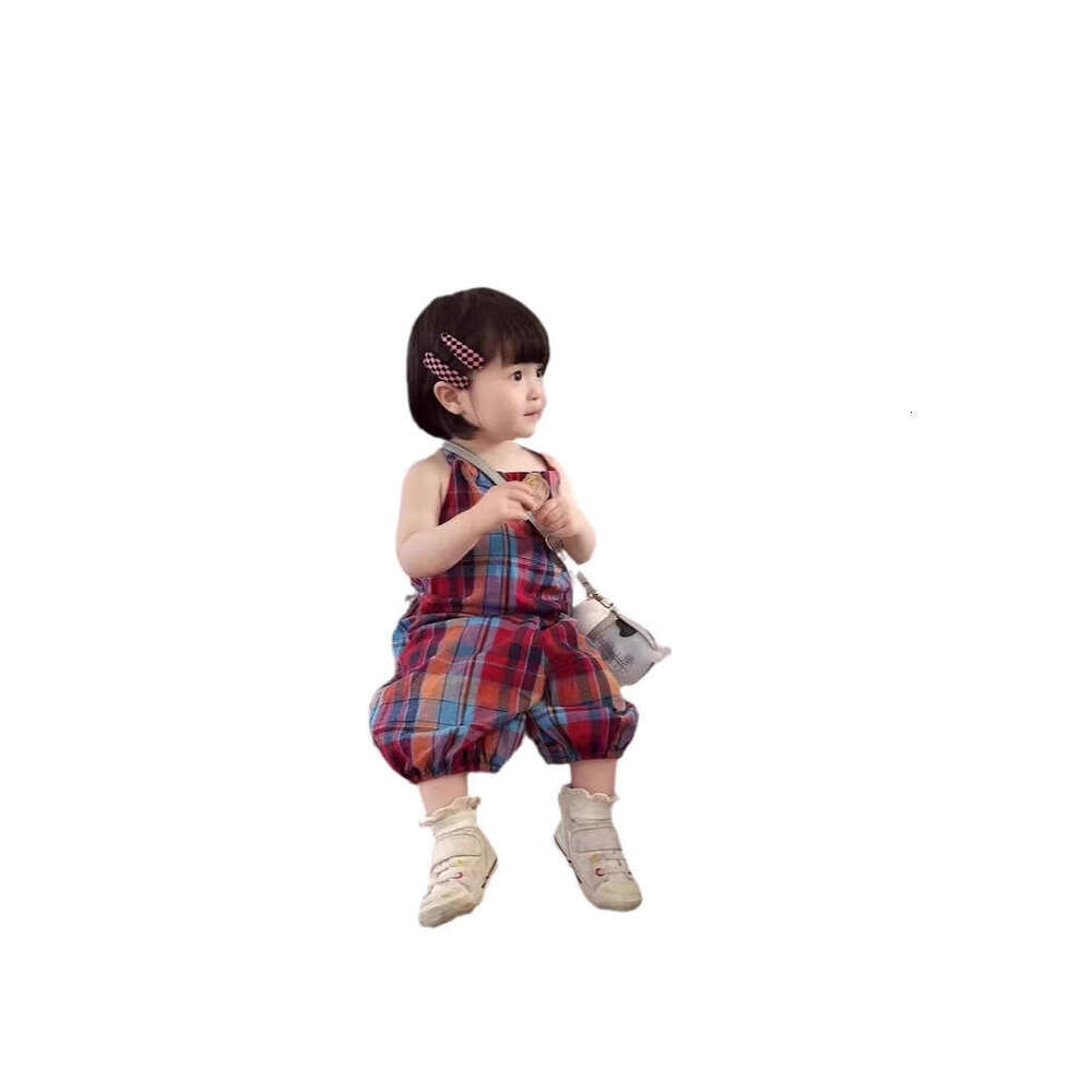 Korean Baby Internet Famous Checkered Jumpsuit Trendy Summer Style Children's Clothing Cute Rabbit Tail Girl Shoulder Strap