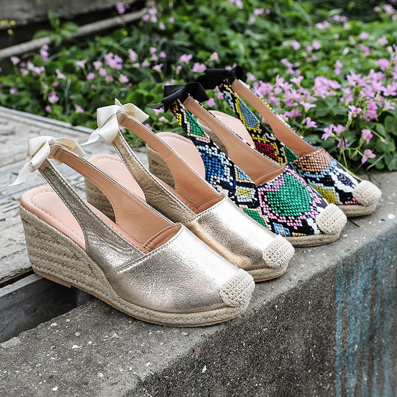 Wedges 8cm Sandals for Women Closed Toe Bandage Espadrille Stylish Shoes Snake Patterned Sloping Heel Women's Shoes Summer Fashion Casual High He