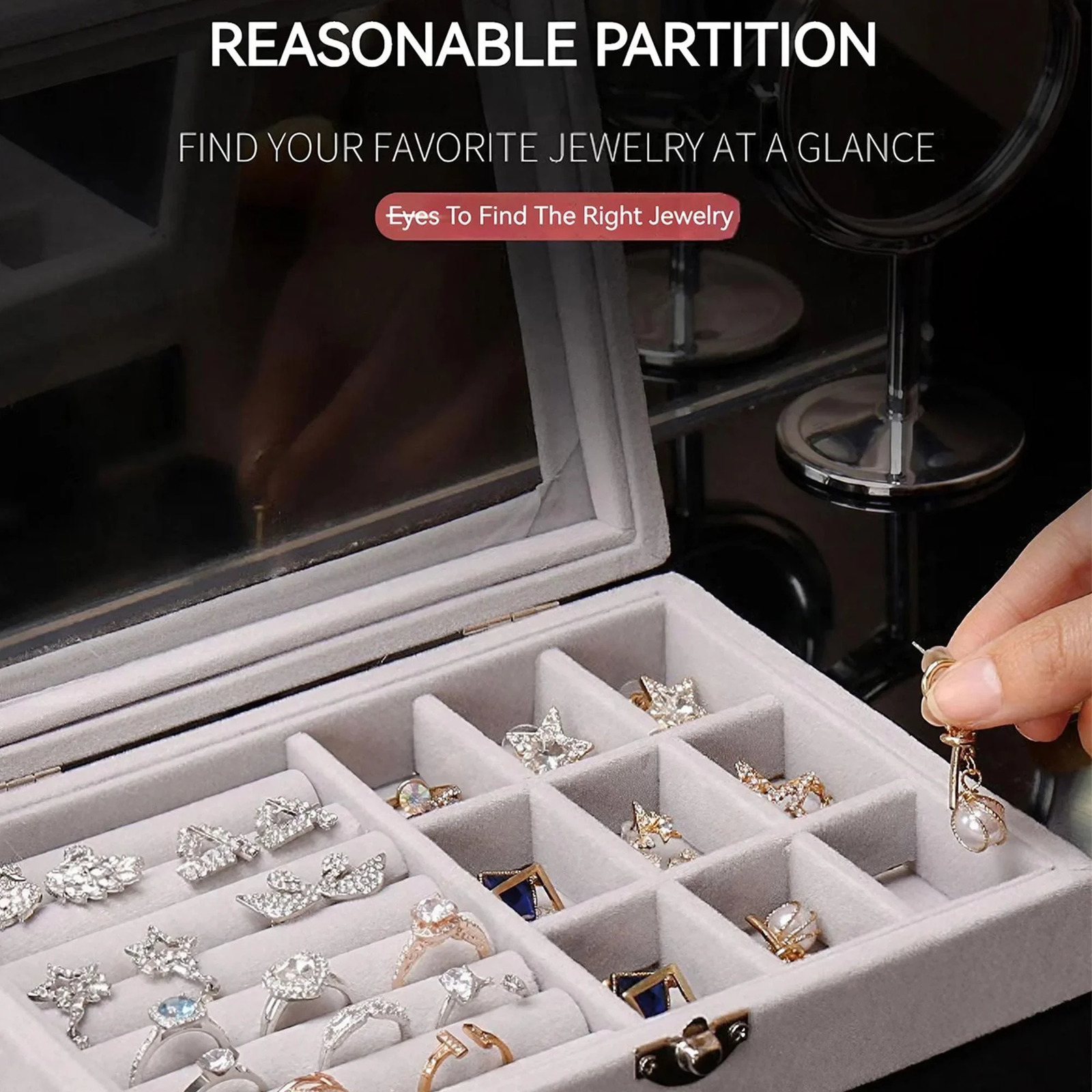 Velvet Ring Organizer Box - Clear Lid Jewelry Holder Dust-Proof Storage Tray for Rings and Earrings for Multiple Jewelry Pieces 250428
