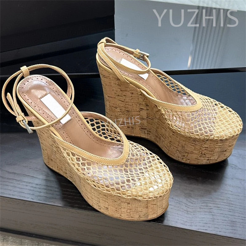 Summer Breathable Mesh Wedge Heels Platform Sandals Women Thick Sole Super High Heels Rome Sandals Sexy Dress Party Pumps Mujer 250428