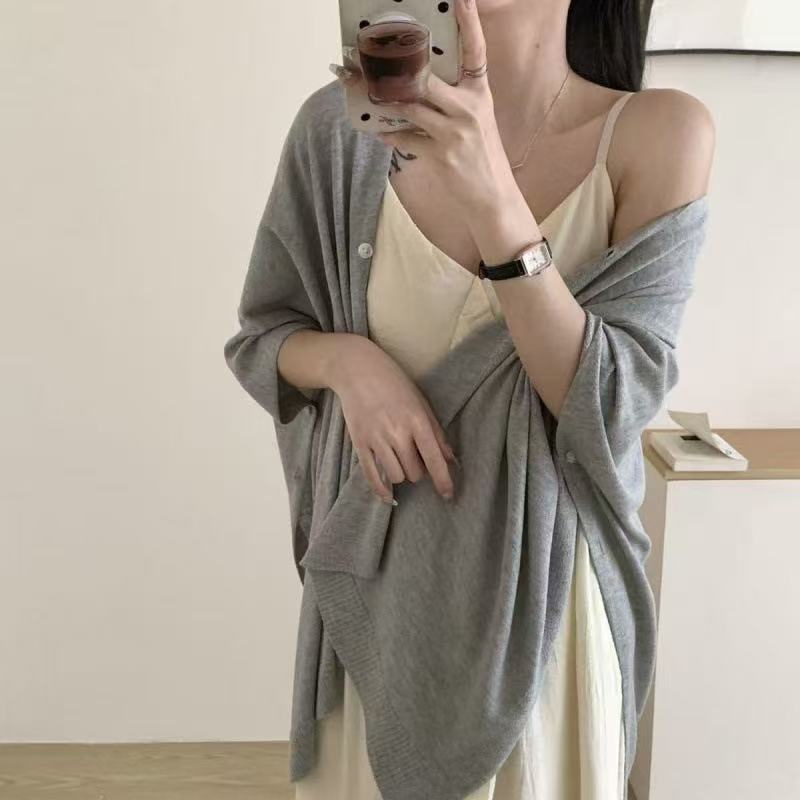 K587 Sunscreen thin knitted shawl color loose button versatile super fairy office medium and long advanced air conditioning outer wear