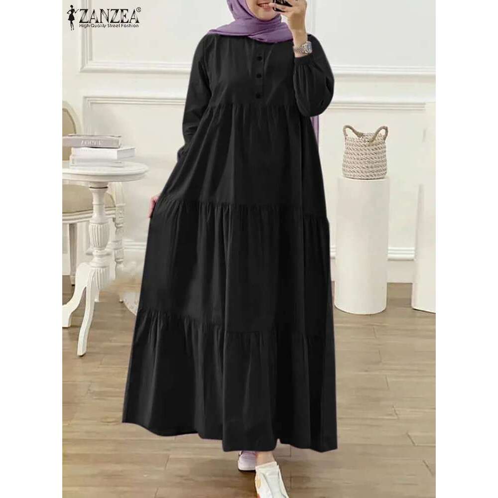 ZANZEA O Neck Casual Loose Maxi Dress Tiered Islamic Hijab Women Sleeve Long Vestidos Muslim Fashion Autumn Abaya Robes