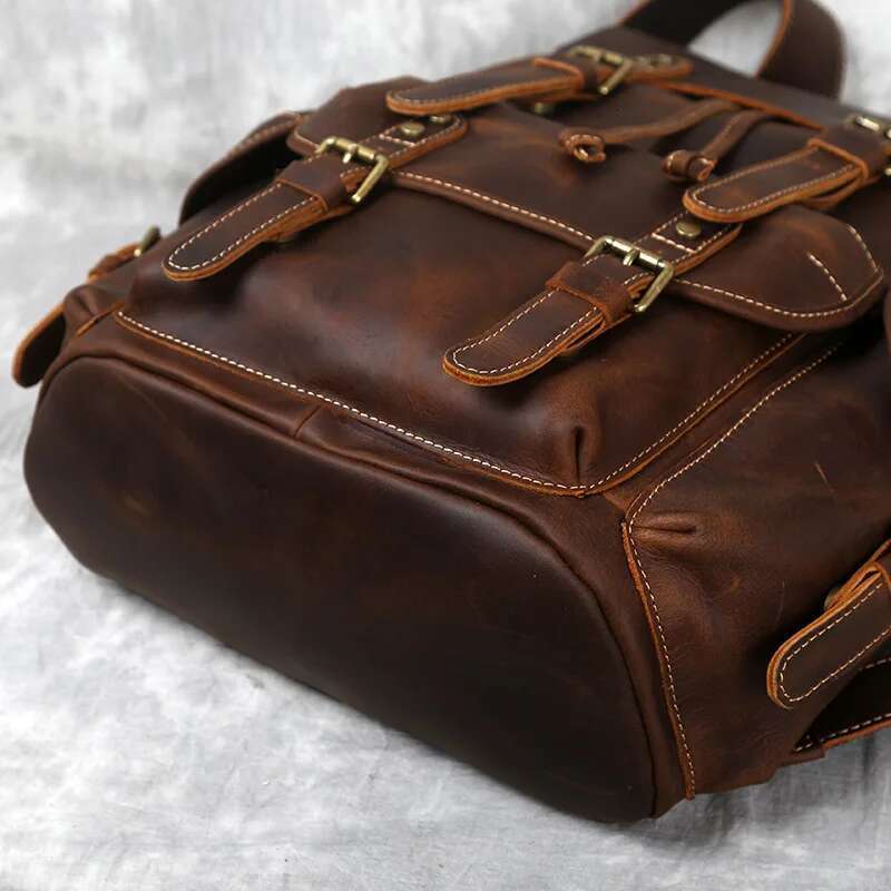 Retro Men's Top Layer Cowhide Travel Backpack Large Capacity School Crazy Horse Leather Laptop Bag NZPJ