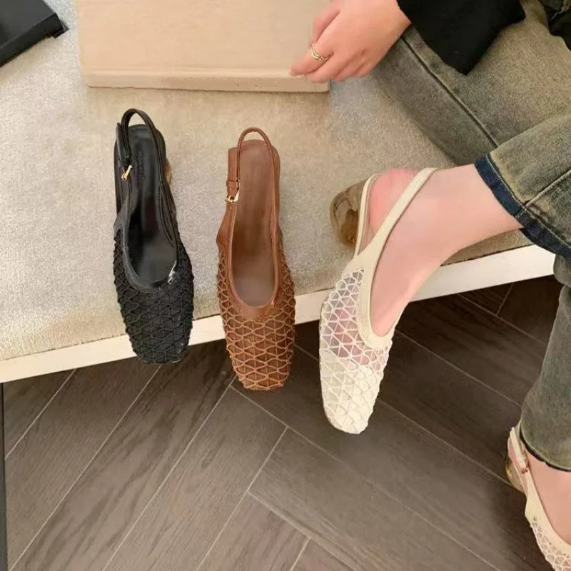 2025 Summer Fashion Square Toe Mid-heel Comfortable Sandals Buckle Sexy Banquet Mesh Breathable Single Shoes for Women 250428
