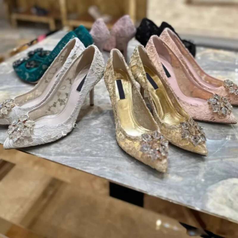 New Brand Designer Sexy Hollow Ladies High Heels Fashion Style Pointed Lace Rhinestone Sandals Crystal Women Shoes