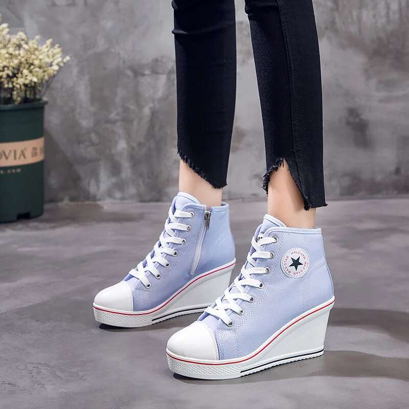 Spring and autumn new thick-sole wedge high-top lace-up canvas casual heightening large-size high-heeled women's shoes