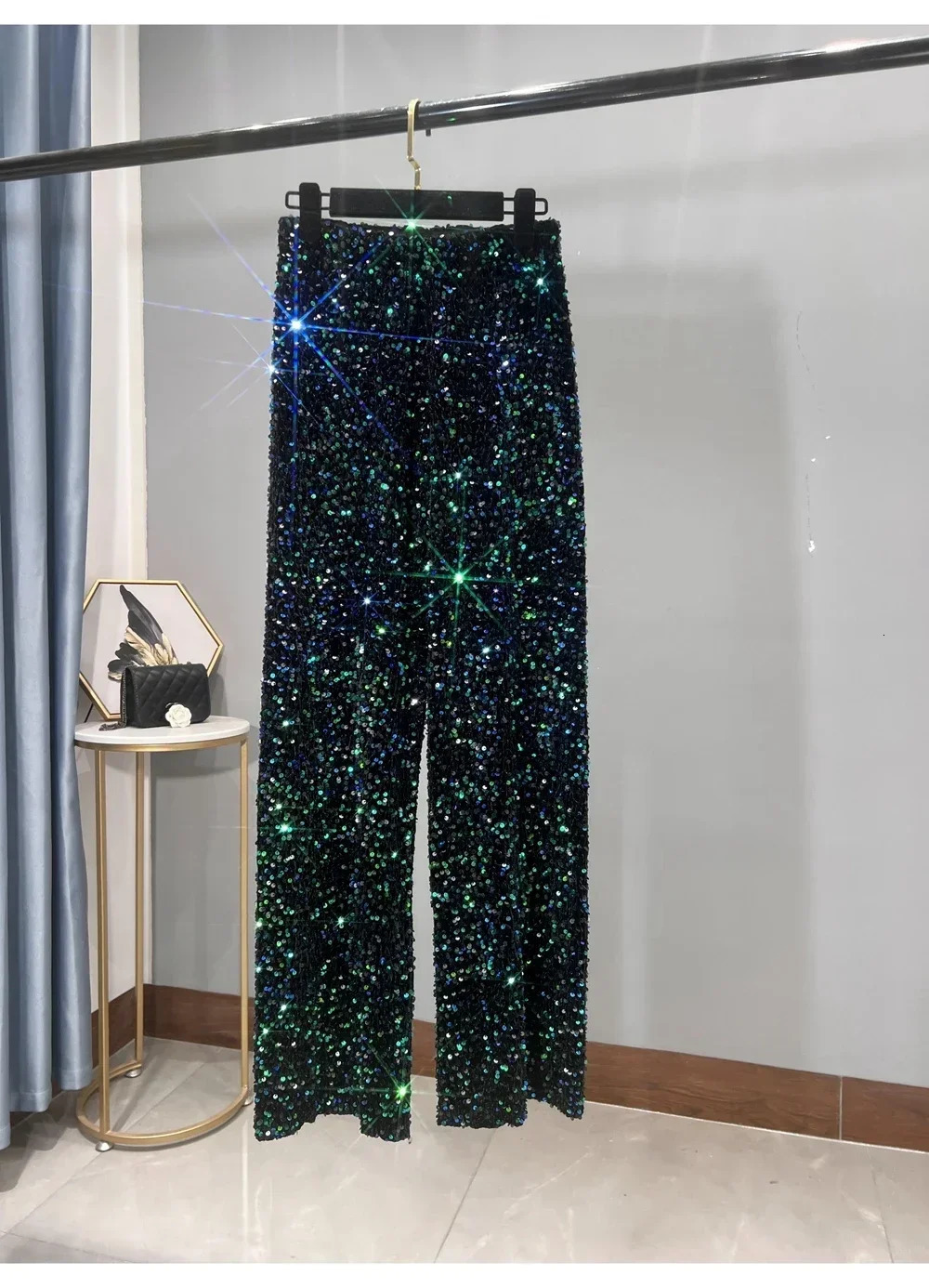 Korean sequined autumn and winter wide leg pants length thick mop shiny casual straight 250428