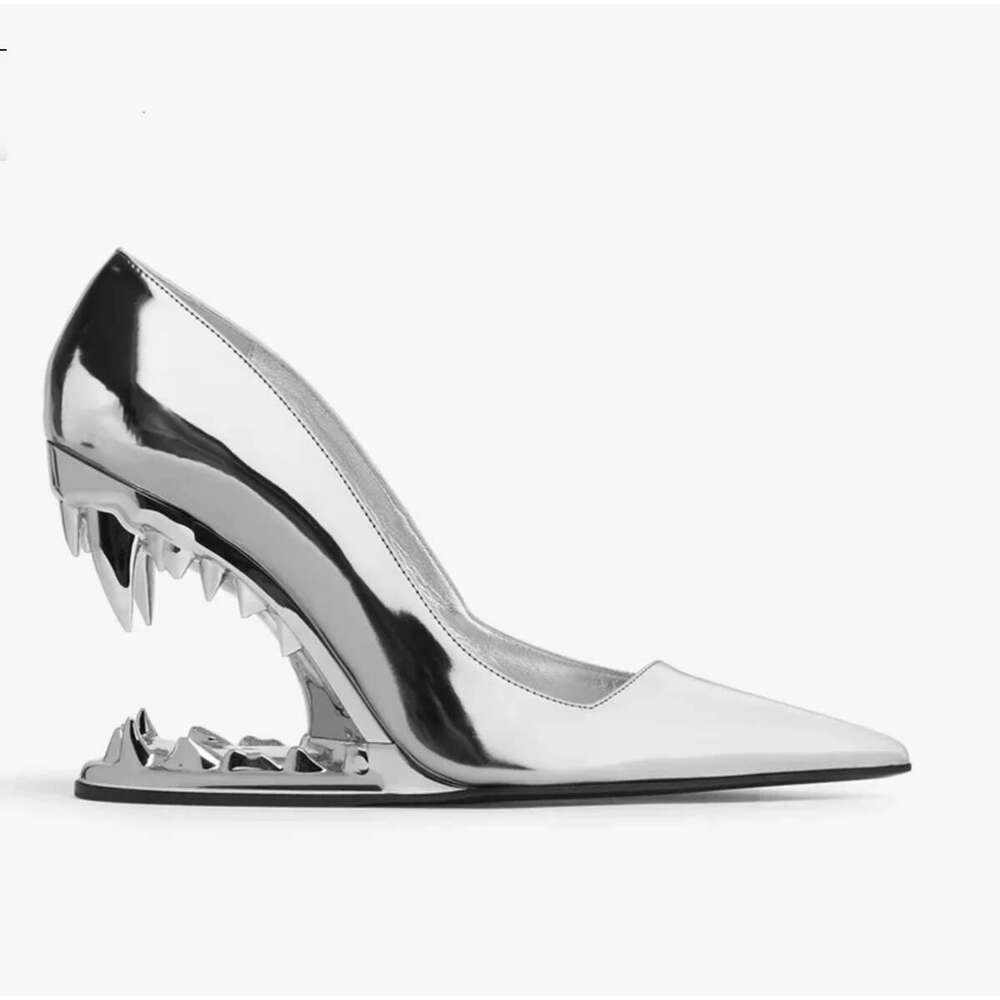 New Fashion Heel Show Metal Tooth Wedge High Heels Branded Pointed Toe Pumps Wedding Banquet Women Shoes