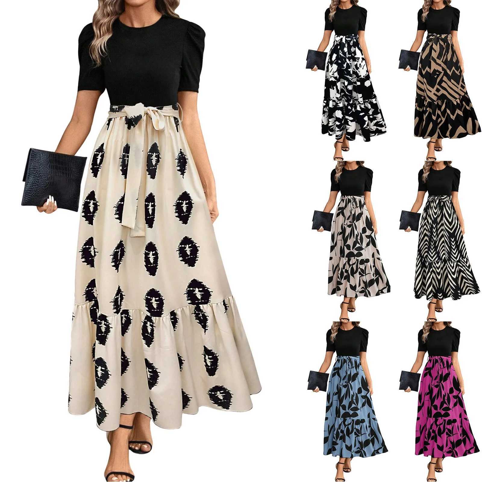 Elegant womens floral print high waisted long dress Y2k short sleeved round neck office uniform vest Para Mujer W250430