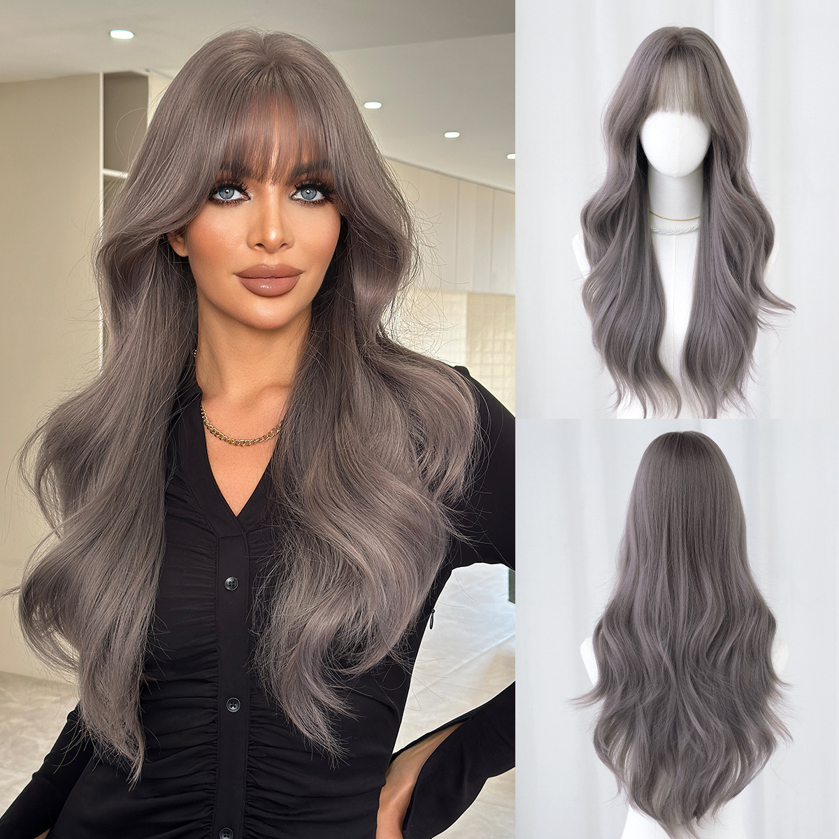wig New for women gray purple long curly hair with wavy bangs high-quality wig natural full head cover