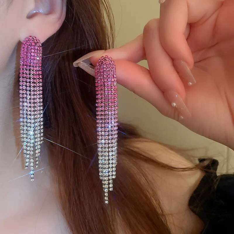 Shiny Rainbow Color Crystal For Women Long Tassel Pink Rhinestone Dangle Earrings Ladies Bride Weddings Jewelry