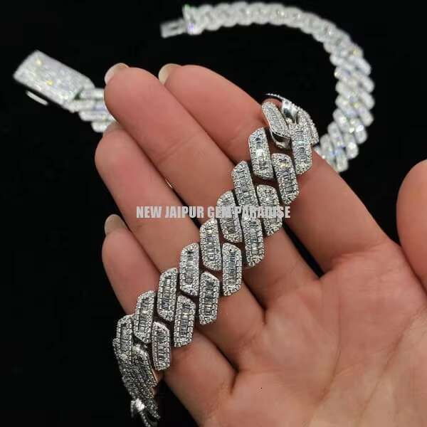 14mm Cuban Link Chain | VVS Quality Baguette Moissanite Diamond | Heavy 925 Sterling Silver | White Gold Plated | Gift for Men