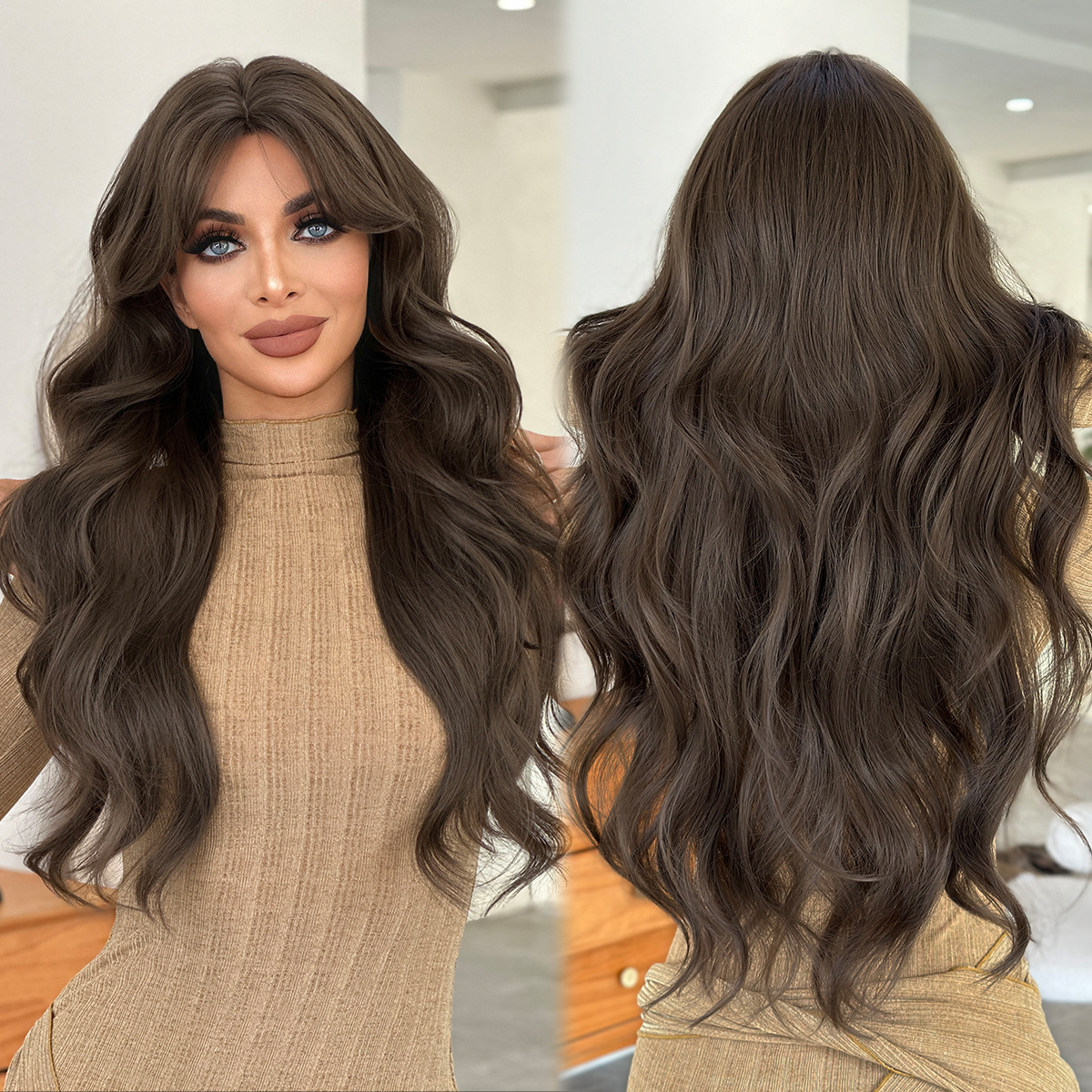 Chinese 2025 zodiac bangs long curly hair wig full head cover round face for women commonly used synthetic wave wig