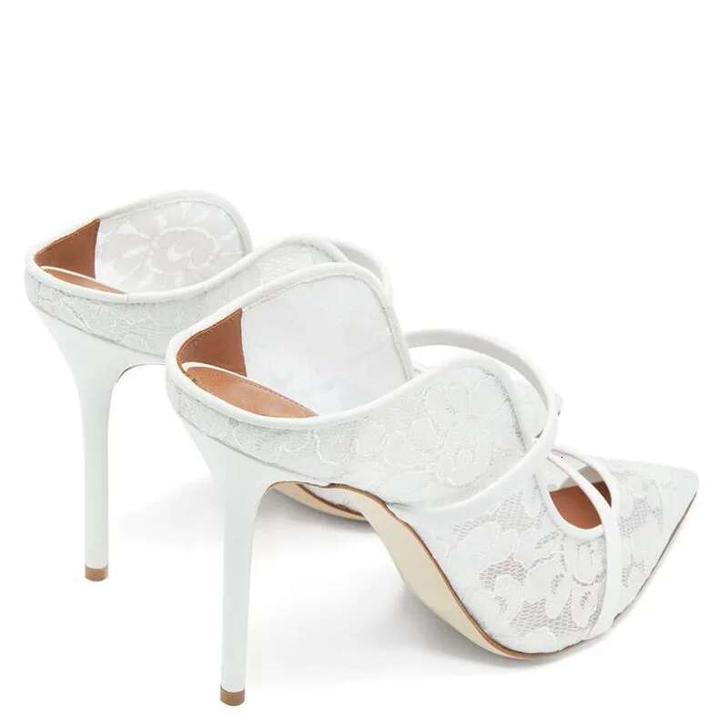 Spring and summer new pointed shallow lace mesh ribbon fashion slippers thin high-heeled banquet dress large size women's sandal