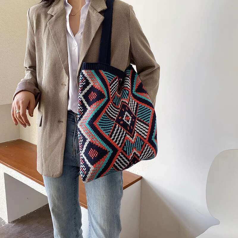 Women Knitting Wool Shoulder Bag Colourful Dia Pattern Simple Cloth Handbag Casual Tote Winter Warm Woolen Shopping Bags