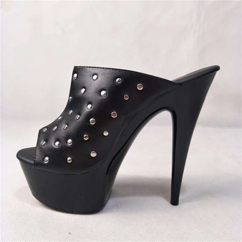 Fish Mouth Thick Soled Heels Metal Slip on Sandals Super High Heel Women Sexy Dance Shoe Slippers Platform Pole Dancing Sh