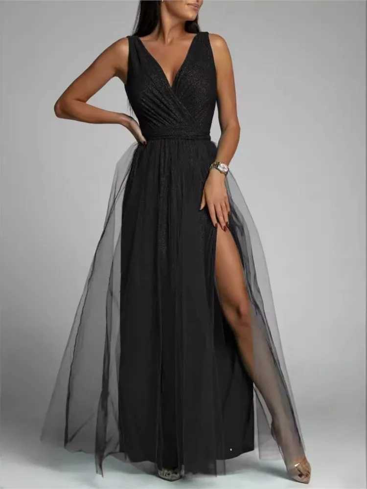Elegant solid color sparkling party dress womens warm V-neck lace mesh seam long dress evening dress womens vest W250430