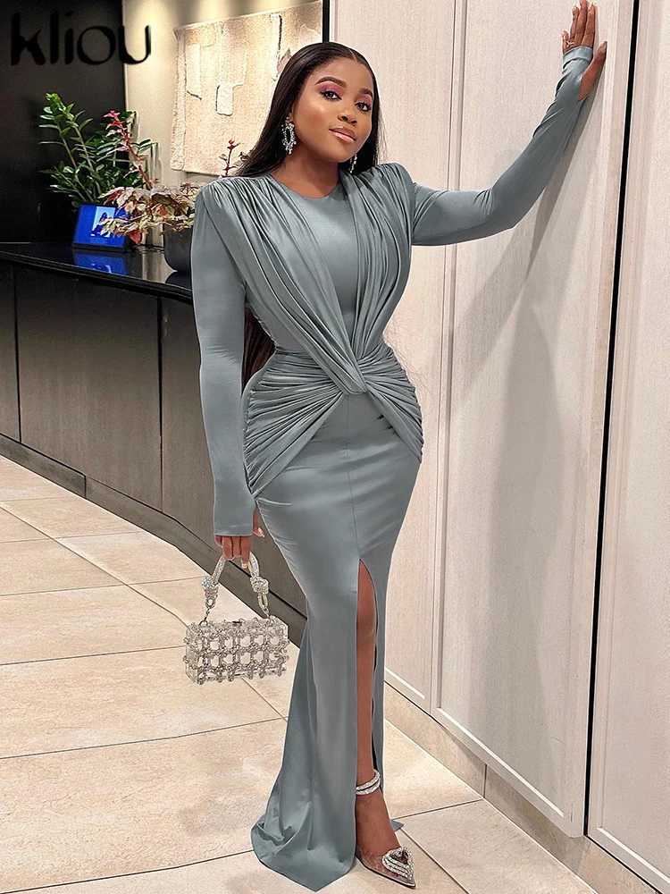 Elegant solid long skirt womens classic cross pleated long sleeved split style dress womens street party vest W250430