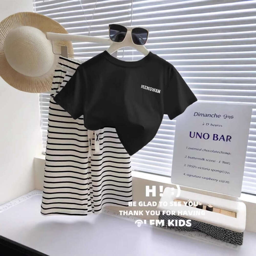 Baby Fashionable Two-Piece Summer New Item Girl Korean Version Letter Short Sleeved Striped Wide Leg Pants Casual Set