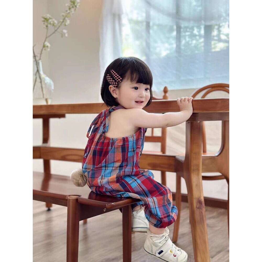 Korean Baby Internet Famous Checkered Jumpsuit Trendy Summer Style Children's Clothing Cute Rabbit Tail Girl Shoulder Strap