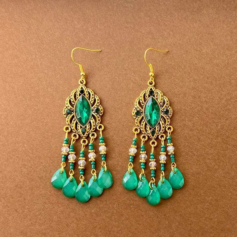 Green Natural Style Water Drop Feather Earrings For Women Vintage Boho Long Rhinestone Crystal Dangle Earring Vacation Jewelry