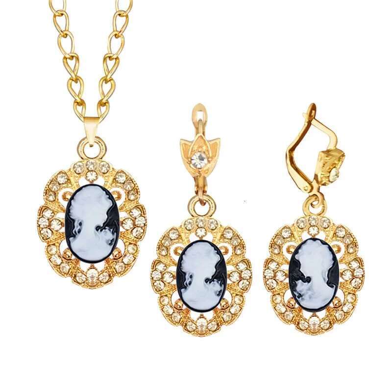 6 Colors Lady Queen Cameo Sets For Women Gold Color Flower Pendant Crystal Fashion Necklace Earring Jewelry