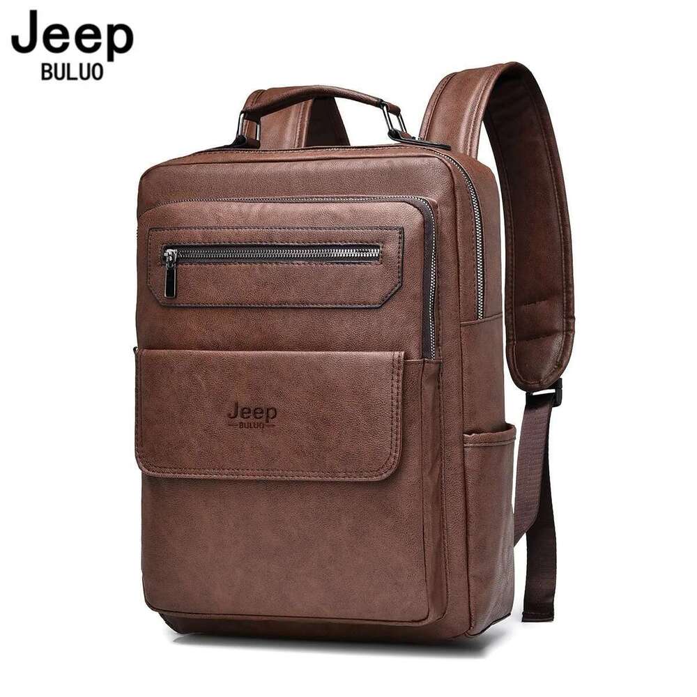 JEEP BULUO New Backpack Men School Bags Brand 15.6 Inches Laptop Backpacks High Quality Leather Waterproof Brown Fashion Urban